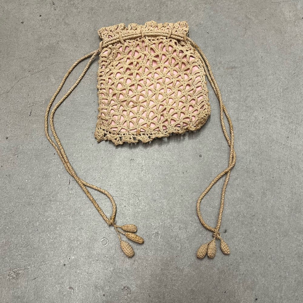 Antique Lace Crochet Drawstring Cinch Bag Purse Pink Lining